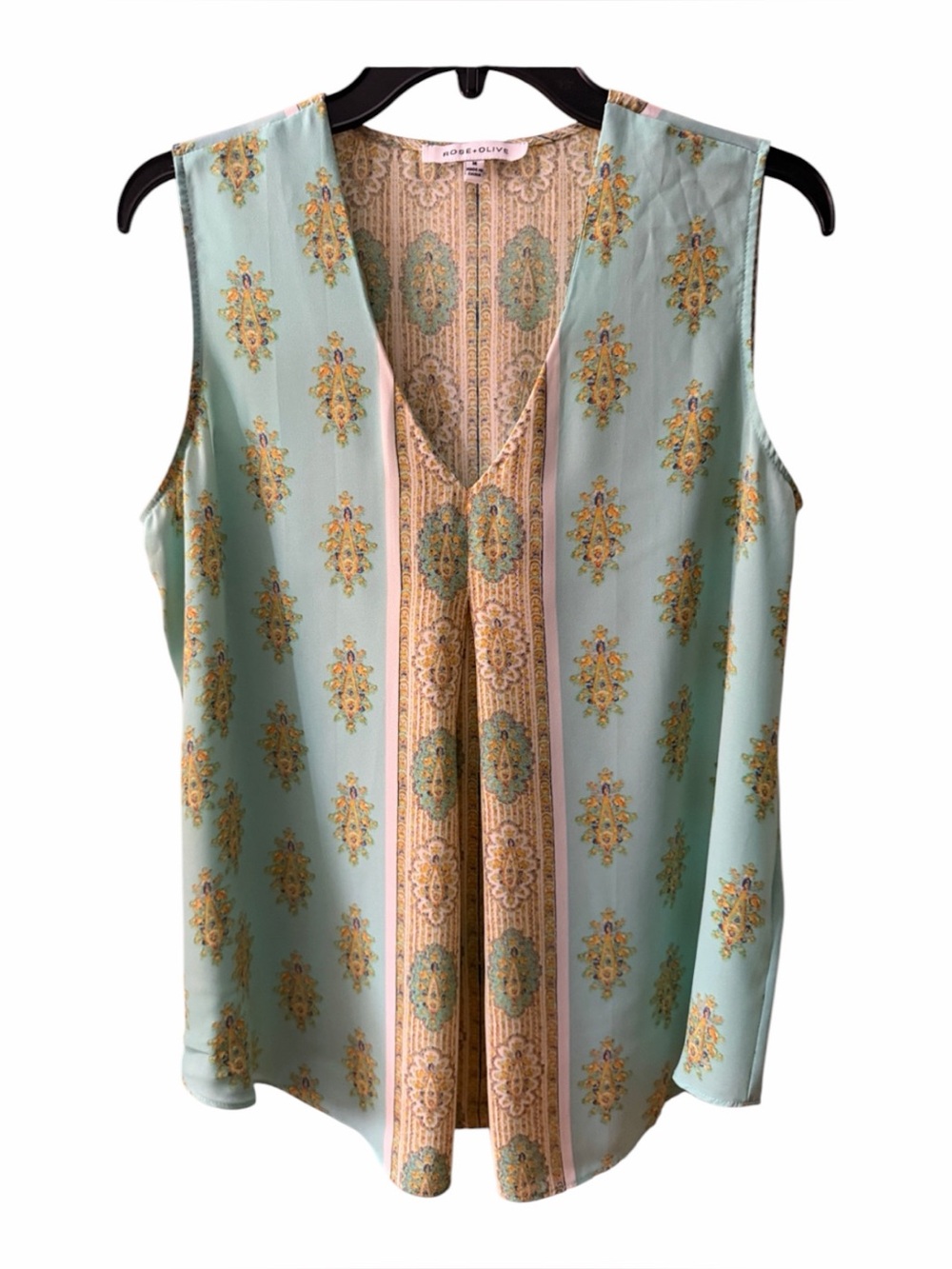 Rose & Olive Mint Green Paisley-Print Sleeveless V-Neck Top SZ M